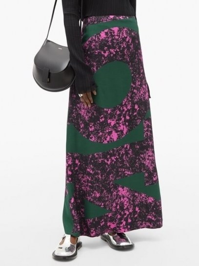 COLVILLE Alphabet-print crepe maxi skirt ~ long green and pink printed skirts - flipped