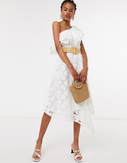 & Other Stories embroidered floral one shoulder ruffle dress in off white / asymmetric summer party dresses - flipped