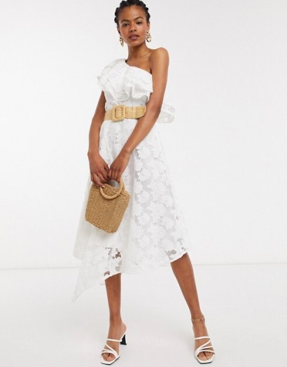& Other Stories embroidered floral one shoulder ruffle dress in off white / asymmetric summer party dresses