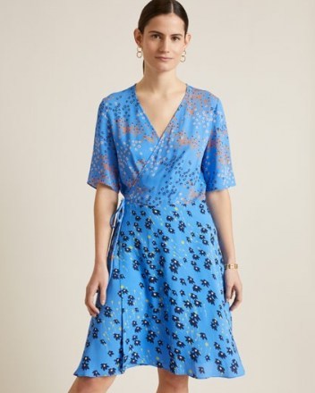 JIGSAW ANIMAL FLORAL PRINT WRAP DRESS / blue mixed print dresses - flipped