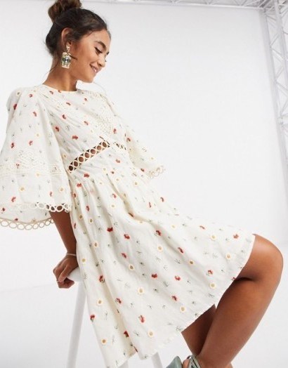 ASOS DESIGN all over embroidered mini skater dress with lace trim in cream / wide sleeve fit and flare - flipped