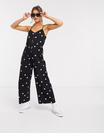 ASOS DESIGN cami jumpsuit with button front in mono spot print / casual summer jumpsuits - flipped
