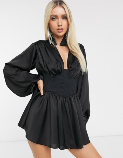 ASOS DESIGN cowl back satin mini shirt dress with corset waist | plunging fit and flare