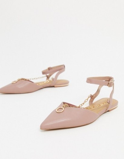 ASOS DESIGN Lennox pointed ballet flats with chain detail in dusty pink - flipped