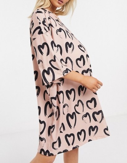 ASOS DESIGN Maternity oversized t-shirt dress in heart print in cream and black ~ printed hearts ~ loose fit tee dresses - flipped