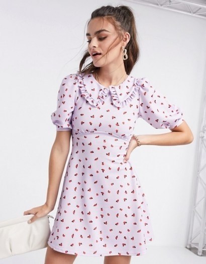 ASOS DESIGN mini skater dress with collar detail in lilac floral print | puff sleeve dresses - flipped