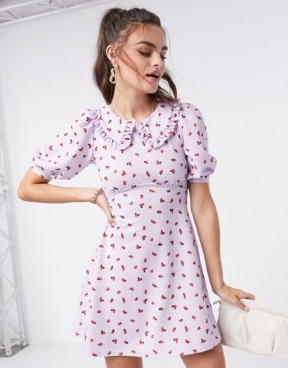 ASOS DESIGN mini skater dress with collar detail in lilac floral print | puff sleeve dresses