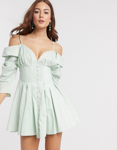 ASOS DESIGN off shoulder corset detail mini shirt dress with button detail soft blue | thin strap fit and flare