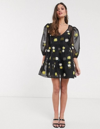 ASOS DESIGN Petite daisy embroidered organza tiered wrap smock dress in black / semi sheer puff sleeved dresses
