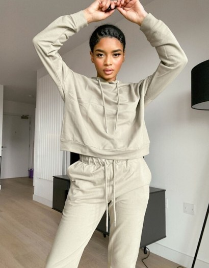 ASOS DESIGN Petite tracksuit hoodie / slim jogger with tie in organic cotton in pale khaki ~ hoodies & joggers ~ sports fashion sets