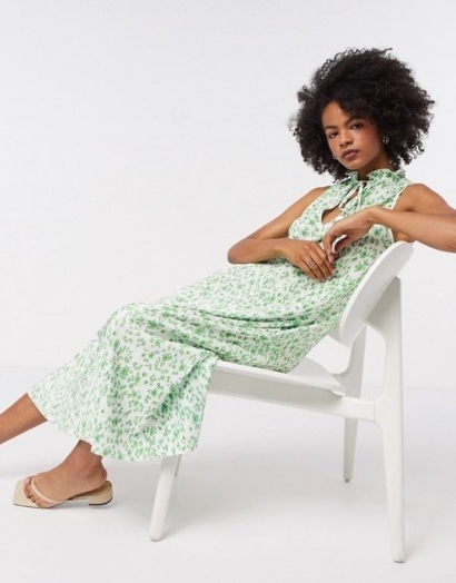ASOS DESIGN plisse midi dress with frill neck in green floral / sleeveless ditsy print dresses