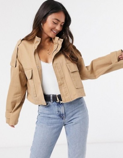 ASOS DESIGN slouchy lightweight cropped jacket in stone ~ utility fashion - flipped
