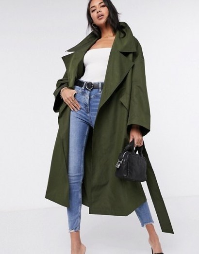 ASOS DESIGN slouchy oversized lightweight trench coat in khaki ~ dark green outerwear - flipped
