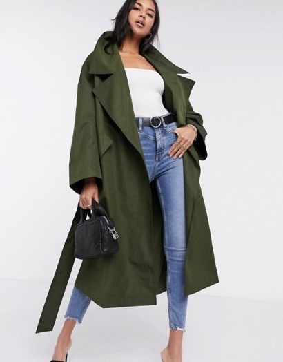 ASOS DESIGN slouchy oversized lightweight trench coat in khaki ~ dark green outerwear