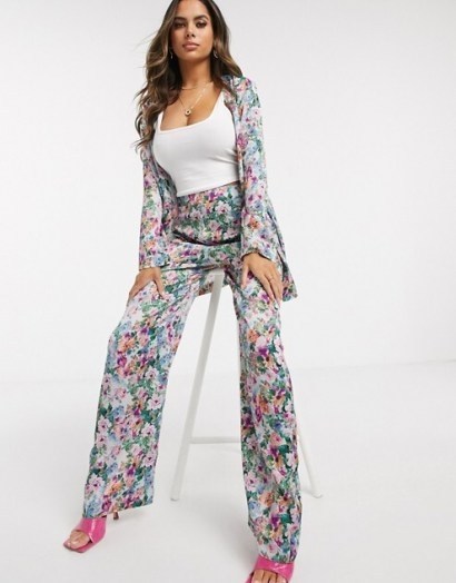ASOS DESIGN soft satin suit in floral / flower print pant suits - flipped