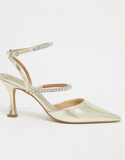 ASOS DESIGN Star embellished pointed mid-heels in gold ~ strappy metallic shoes - flipped
