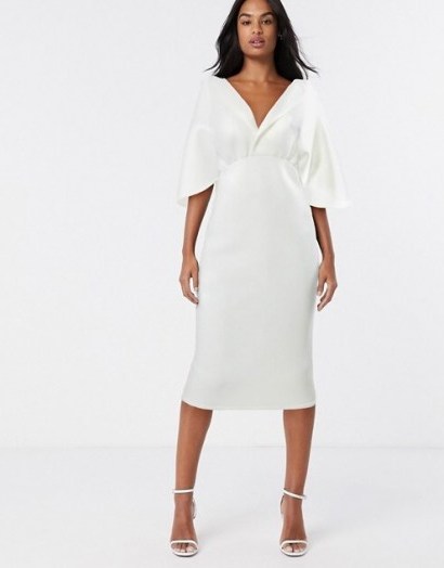 ASOS DESIGN structured cape sleeve shirt midi pencil dress in white - flipped