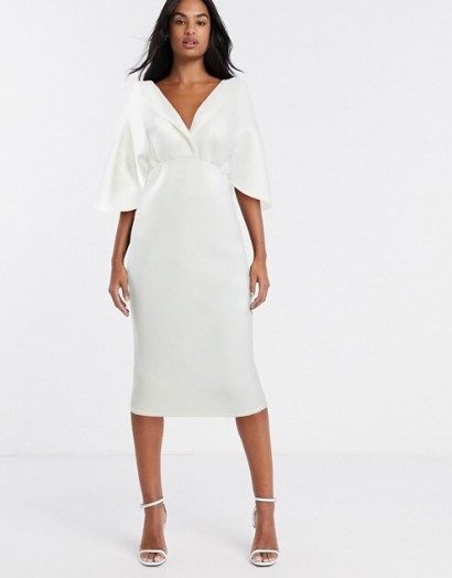 ASOS DESIGN structured cape sleeve shirt midi pencil dress in white