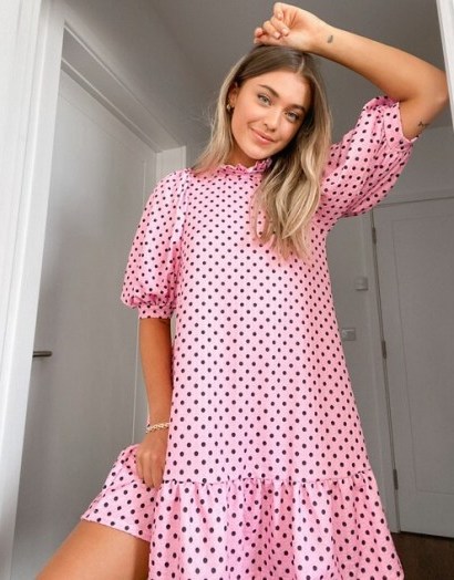 ASOS DESIGN textured mini dress with ruffle neck and puff sleeve in pink with black polka dot | loose fit frill-hem dresses - flipped