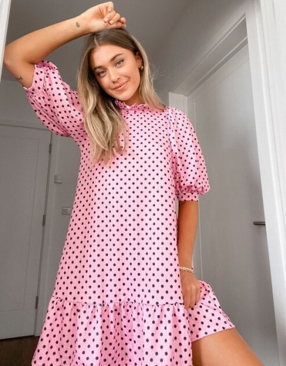ASOS DESIGN textured mini dress with ruffle neck and puff sleeve in pink with black polka dot | loose fit frill-hem dresses
