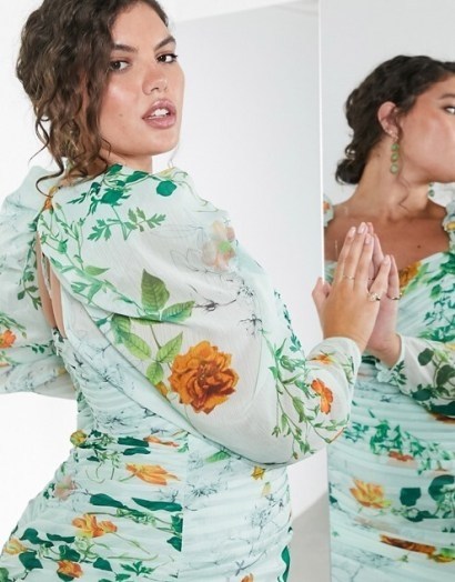 ASOS EDITION Curve ruched mini dress with puff sleeves in green floral print | plus size party dresses | curvy occasion wear - flipped