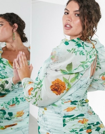 ASOS EDITION Curve ruched mini dress with puff sleeves in green floral print | plus size party dresses | curvy occasion wear