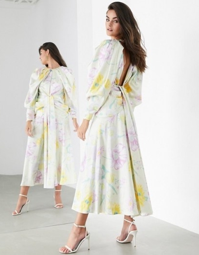 ASOS EDITION satin drape maxi dress in lemon bloom print / draped open back dresses