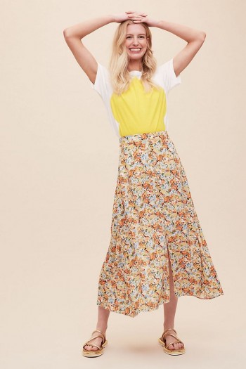 Kachel Maria Midi Skirt Orange Motif / front split skirts