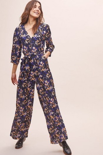 Kachel Eleanor Printed Jumpsuit Navy / blue flower print jumpsuits - flipped