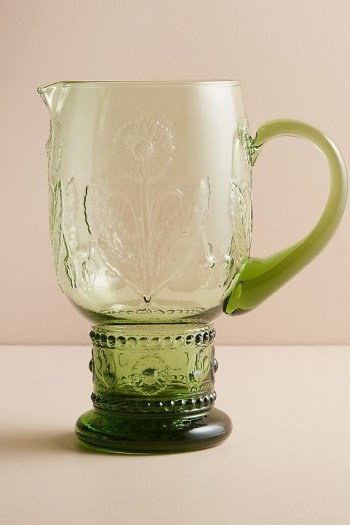 ANTHROPOLOGIE Sunflower Pitcher ~ green glass pitchers - flipped