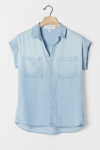 Cloth & Stone Tasha Chambray Buttondown Blue ~ short sleeve lightweight denim shirts ~ layering tops - flipped