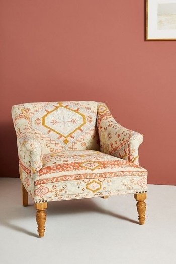 Rug-Printed Sally Accent Chair Orange Motif ~ textured fabric armchair ~ printed armchairs - flipped