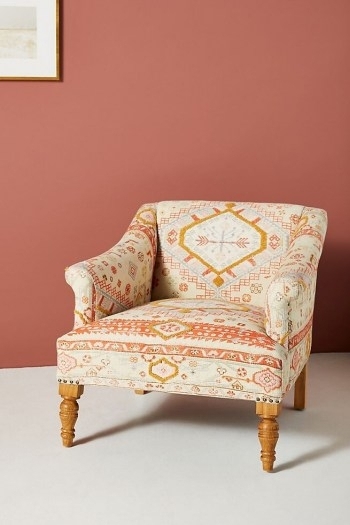 Rug-Printed Sally Accent Chair Orange Motif ~ textured fabric armchair ~ printed armchairs