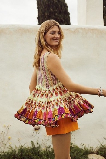 Lorelai Swing Blouse | Anthropologie / sleeveless multicoloued pleated hem top / tops with swish