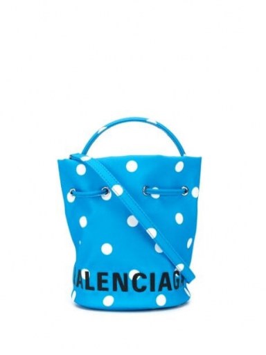 Balenciaga Wheel XS drawstring bucket bag / small blue and white dot handbags