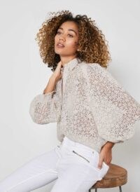 Mint Velvet Beige Floral Puff Sleeve Top | semi sheer blouse