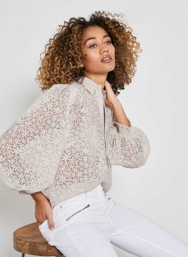 Mint Velvet Beige Floral Puff Sleeve Top | semi sheer blouse - flipped