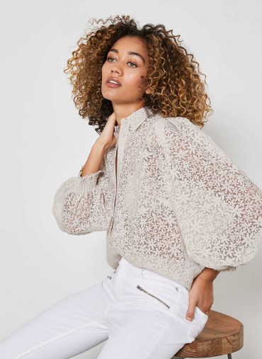 Mint Velvet Beige Floral Puff Sleeve Top | semi sheer blouse
