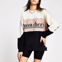 RIVER ISLAND Beige printed ‘mon cheri’ colour block sweat / French slogan sweatshirt