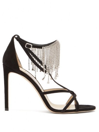 JIMMY CHOO Bijou 100 crystal-fringe suede sandals ~ strappy fringed stiletto heels - flipped