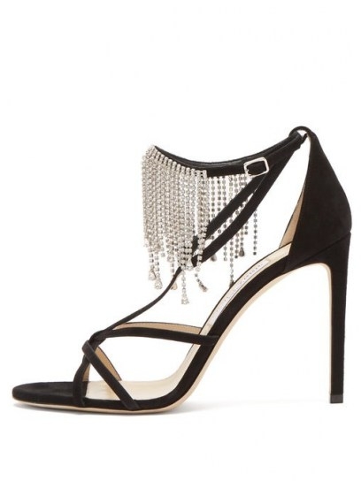 JIMMY CHOO Bijou 100 crystal-fringe suede sandals ~ strappy fringed stiletto heels