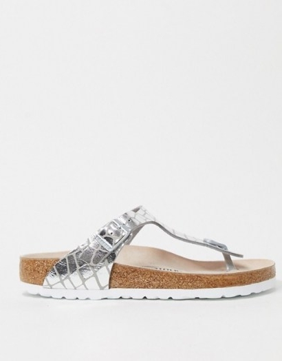 Birkenstock Gizeh sandal in gator silver | metallic footbed sandals