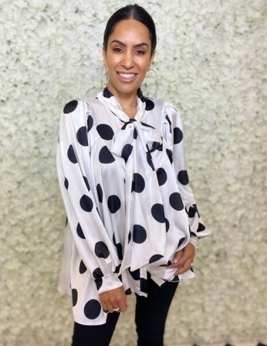 FOREVER UNIQUE Black And White Polka Dot Printed Blouse With Tie Neck / large dots / pussy bow blouses - flipped