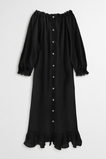 Dakota Fanning street style | black button-up dress, SLEEPER Caviar ruffled silk midi dress, out in Los Angeles, 1 June 2020 | casual celebrity dresses | summer fashion - flipped