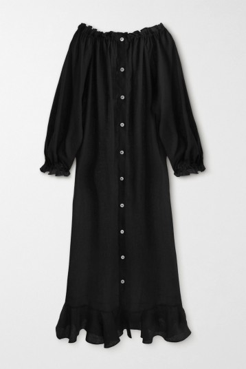 Dakota Fanning street style | black button-up dress, SLEEPER Caviar ruffled silk midi dress, out in Los Angeles, 1 June 2020 | casual celebrity dresses | summer fashion