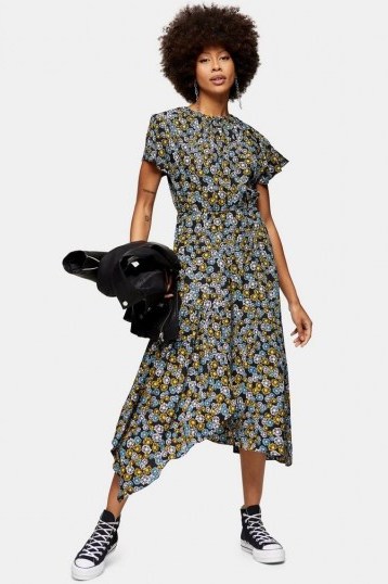 TOPSHOP Black Daisy Print Ruched Neck Midi Dress / asymmetric hemline dresses - flipped