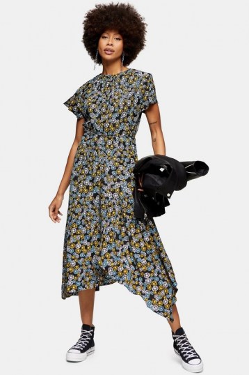 TOPSHOP Black Daisy Print Ruched Neck Midi Dress / asymmetric hemline dresses