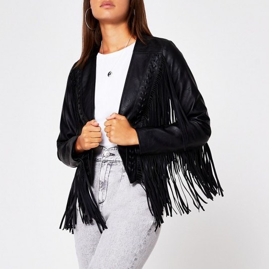 RIVER ISLAND Black faux leather fringe crop jacket ~ boho fashion - flipped
