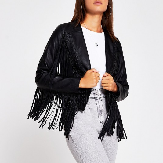 RIVER ISLAND Black faux leather fringe crop jacket ~ boho fashion