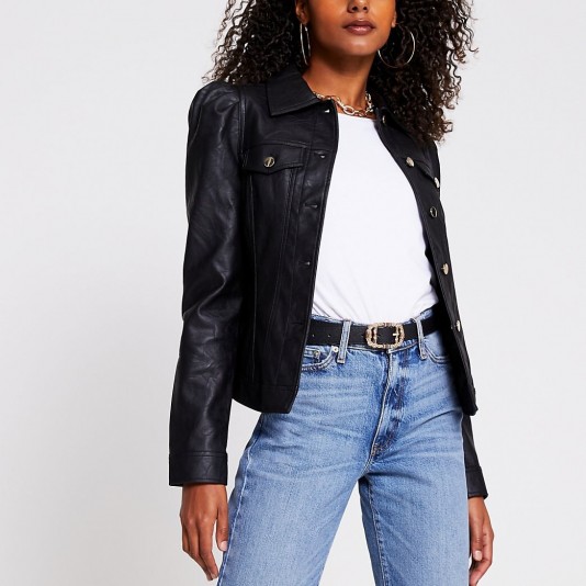 RIVER ISLAND Black faux leather puff sleeve jacket